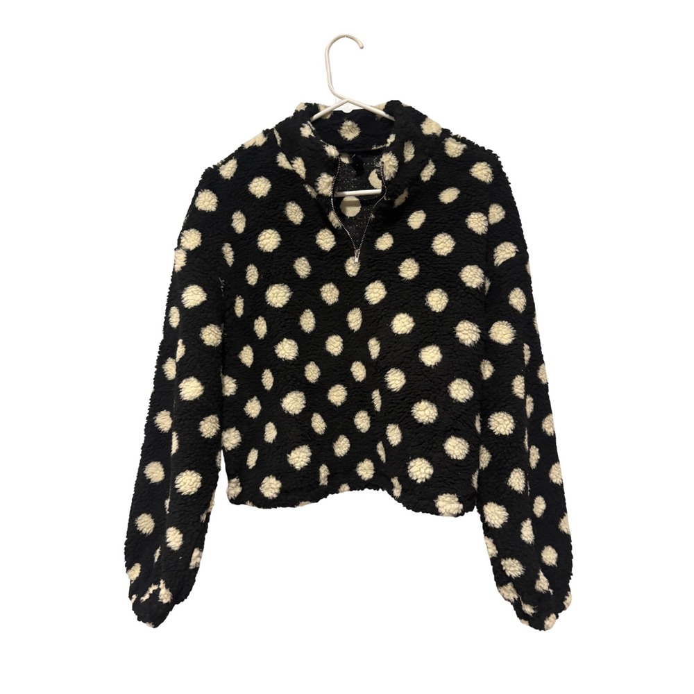 Cider Polka Dot Fleece Pullover Women Small Black Cream 1/4 Zip Cropped Teddy